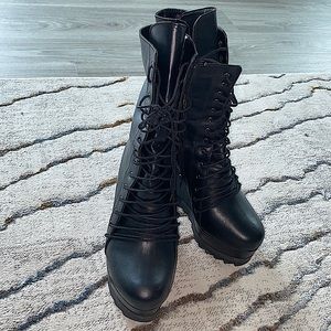 Women tall black Leather wedges